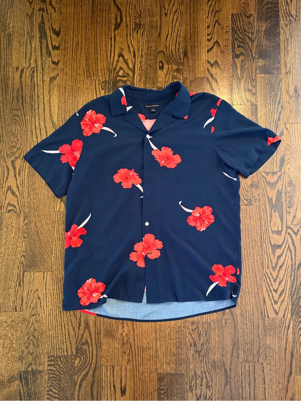 Banana Republic Navy Short-Sleeve Button-Down with Red Floral Print